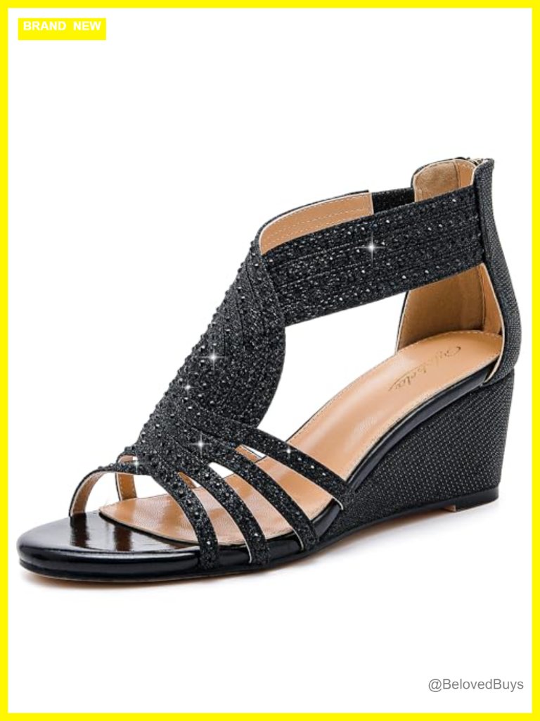 Sparkly Rhinestone Open Toe Wedge Sandals Dressy Evening Shoes